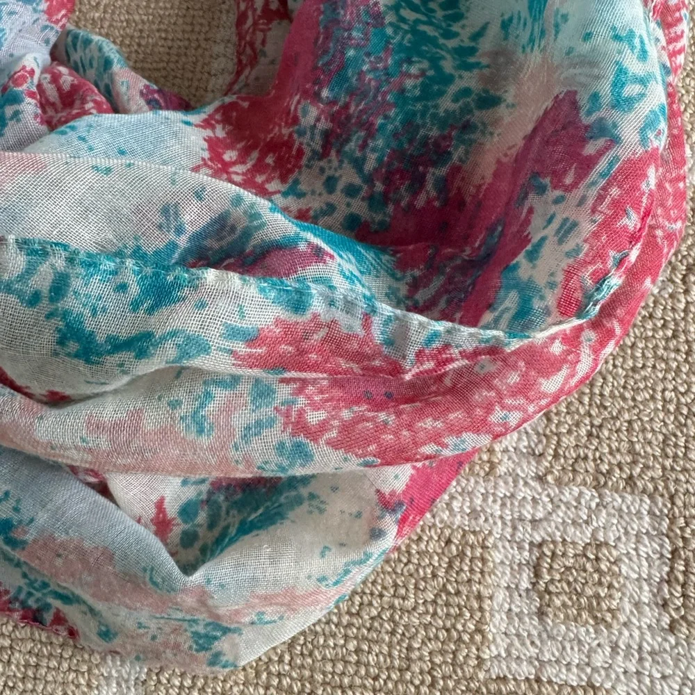 Abstract Print Infinity Scarf Pink Teal Lightweight Sheer Loop Resort Style